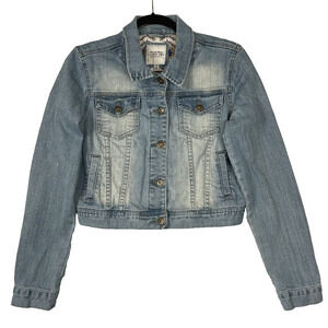I Love H81 Women's Jean Jacket Size Medium Cropped Distressed Washed Denim​